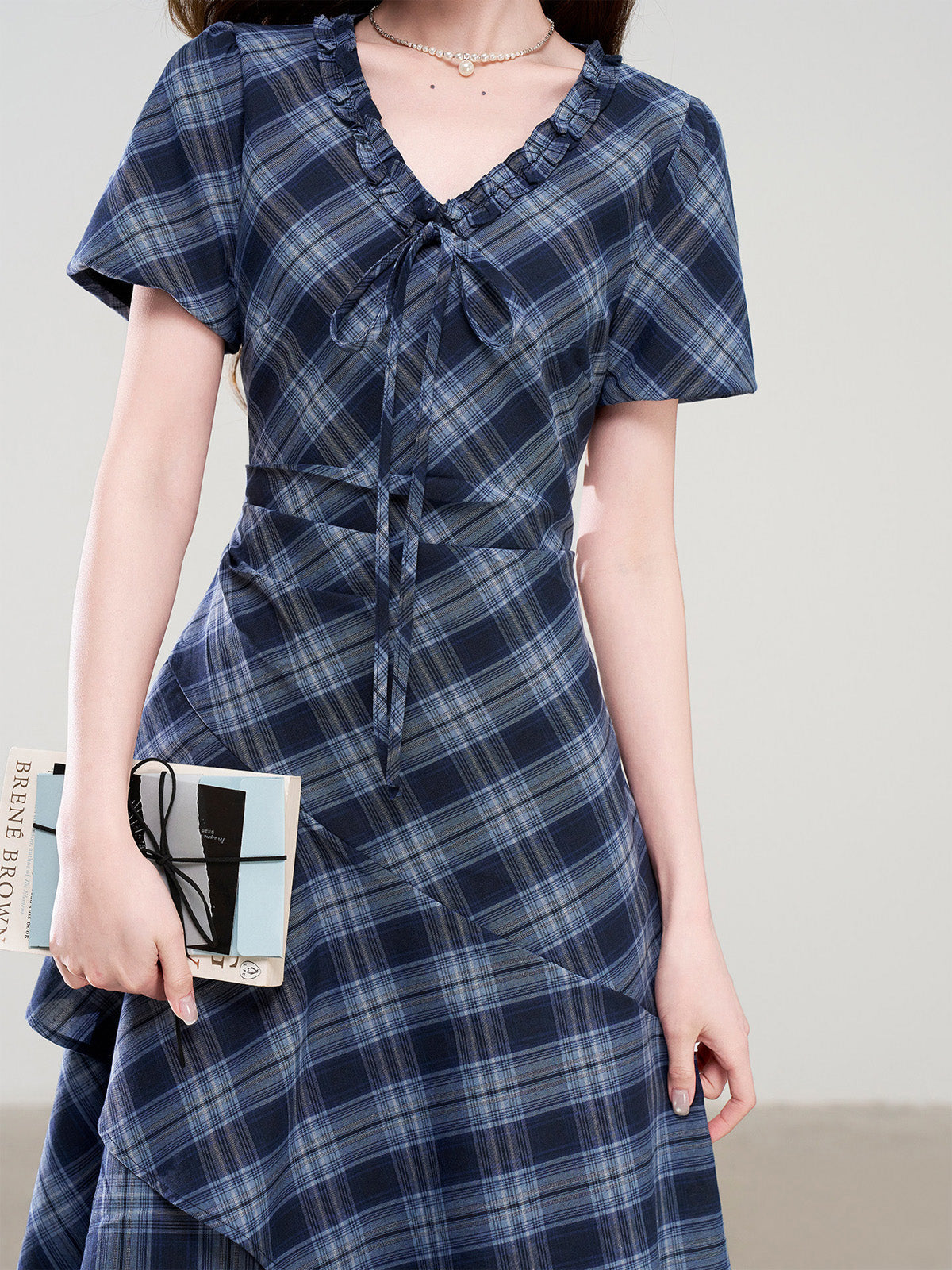 Navy Blue Plaid Midi Dress with V-Neck Ruffle and Short Sleeves
