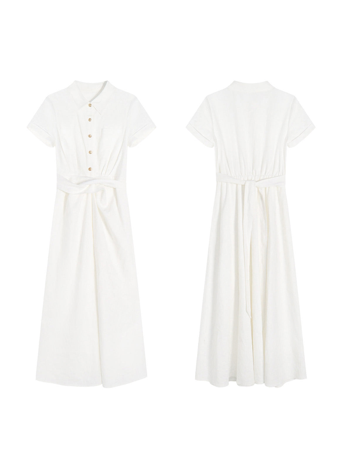 A white A-line dress with a button-front, collar, and twisted waist tie shown from the front and back.