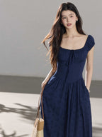 Navy Blue Maxi Dress with Square Neckline and Puffed Sleeves
