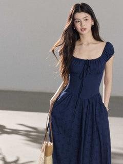 Navy Blue Maxi Dress with Square Neckline and Puffed Sleeves