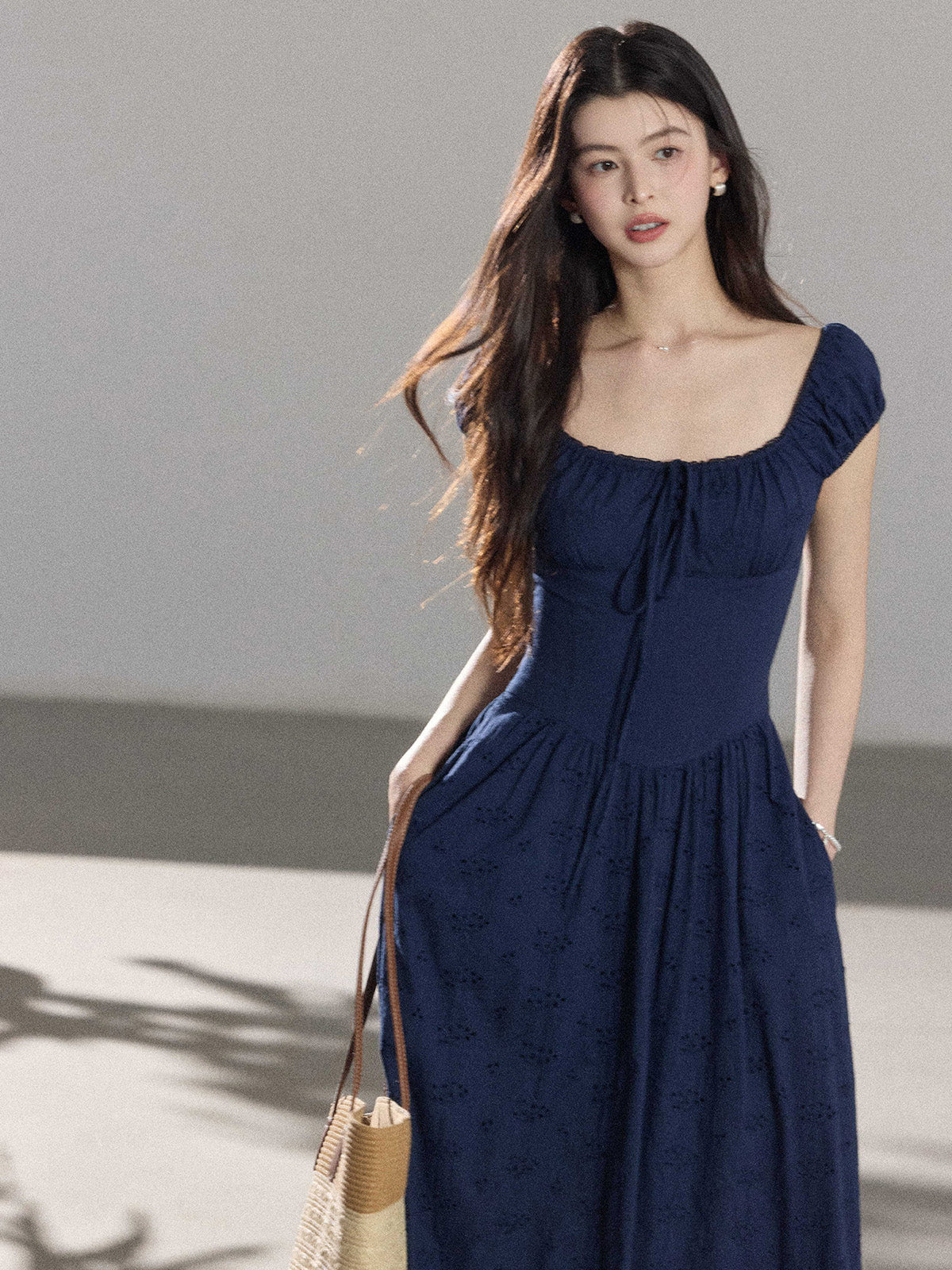 Navy Blue Maxi Dress with Square Neckline and Puffed Sleeves