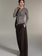Dark Brown High-Rise Wide-Leg Trousers with Front Pleats
