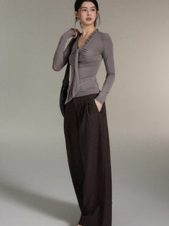 Dark Brown High-Rise Wide-Leg Trousers with Front Pleats
