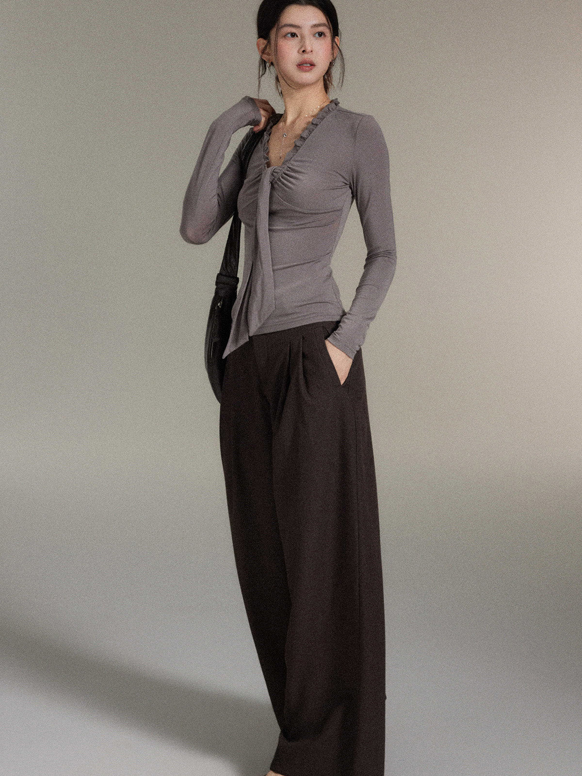Dark Brown High-Rise Wide-Leg Trousers with Front Pleats