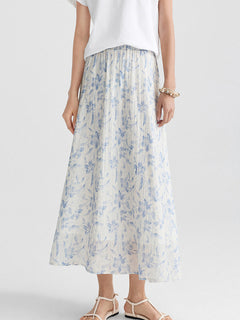 Blue Floral A-Line Pleated Skirt with Elastic Waist