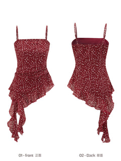 Front view of red floral tank top with square neckline and ruffled hem.