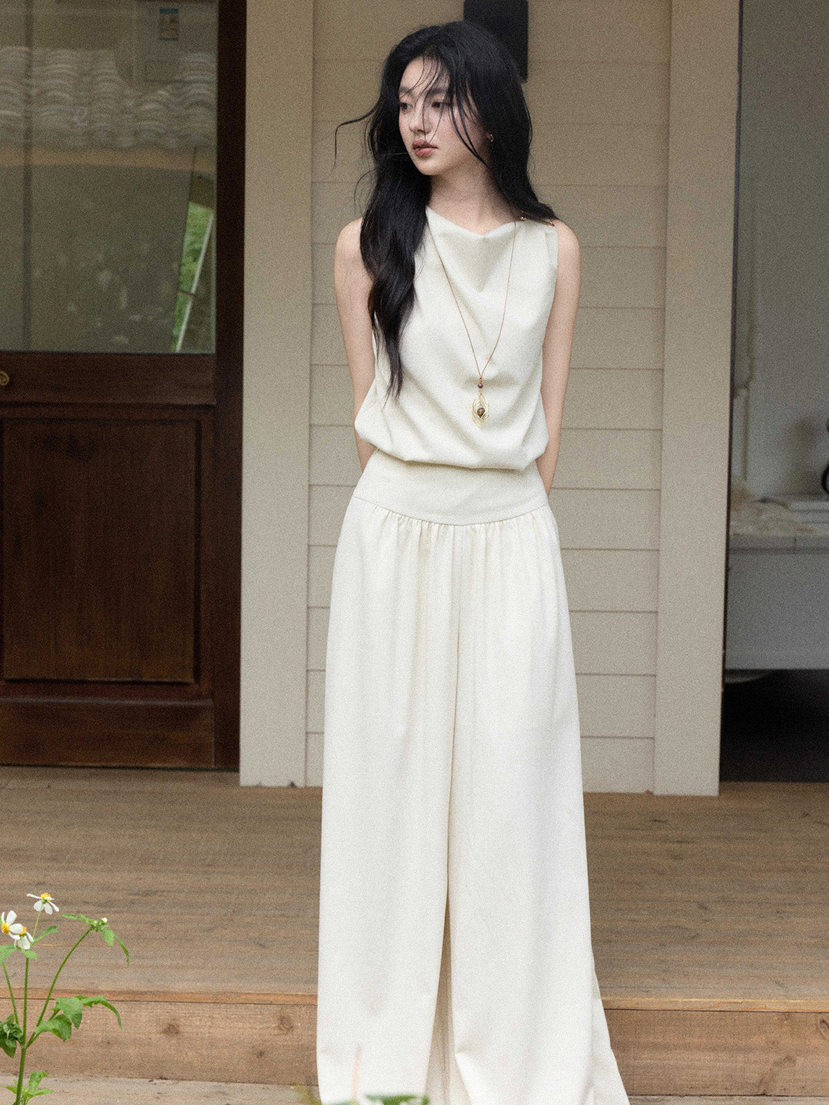 High-Rise Cream Wide-Leg Pants with Elasticated Waist
