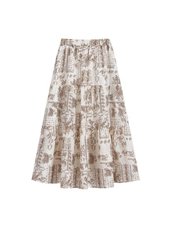 Beige Paisley A-Line Midi Skirt with Tiered Construction