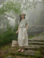 A-line Ivory and Light Blue Skirt with Pleated Waist
