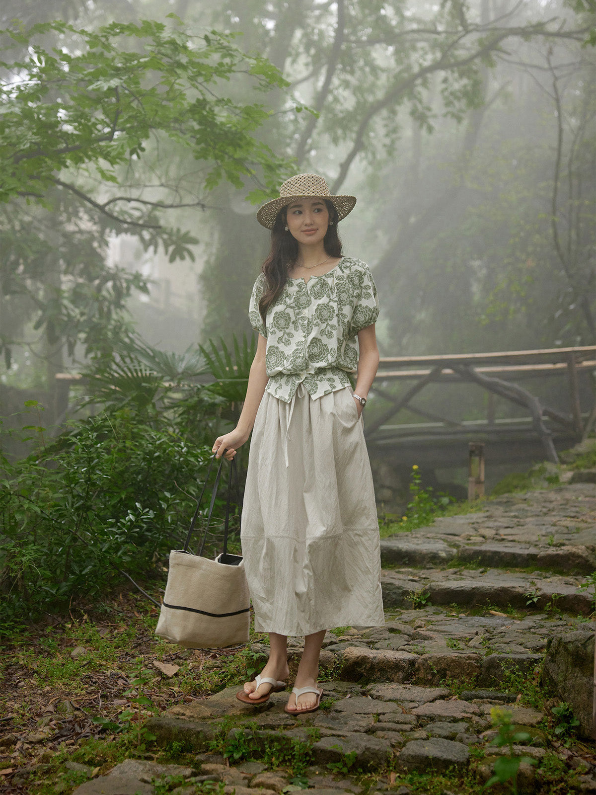 A-line Ivory and Light Blue Skirt with Pleated Waist