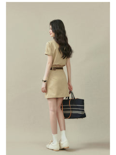 Beige short-sleeve dress with a straight hem and button placket.