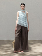 Light Blue Asymmetric Halter Top with Front Ruffles and Open Back