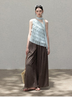 Light Blue Asymmetric Halter Top with Front Ruffles and Open Back