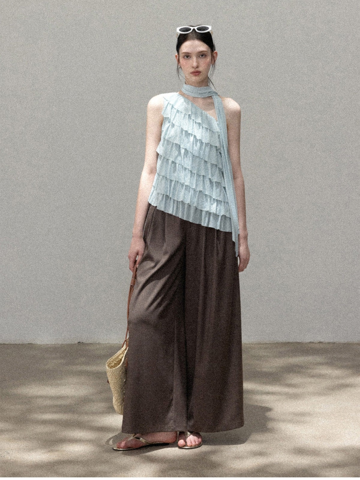 Light Blue Asymmetric Halter Top with Front Ruffles and Open Back
