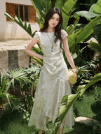 Apricot Midi Dress Featuring Cinched Waist and Short Sleeves