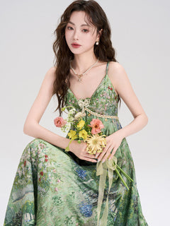 Side view of green floral dress showing gathered fabric at the waist.