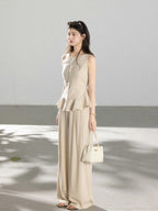 Wide-leg Beige High-Rise Pants with Front Pleats