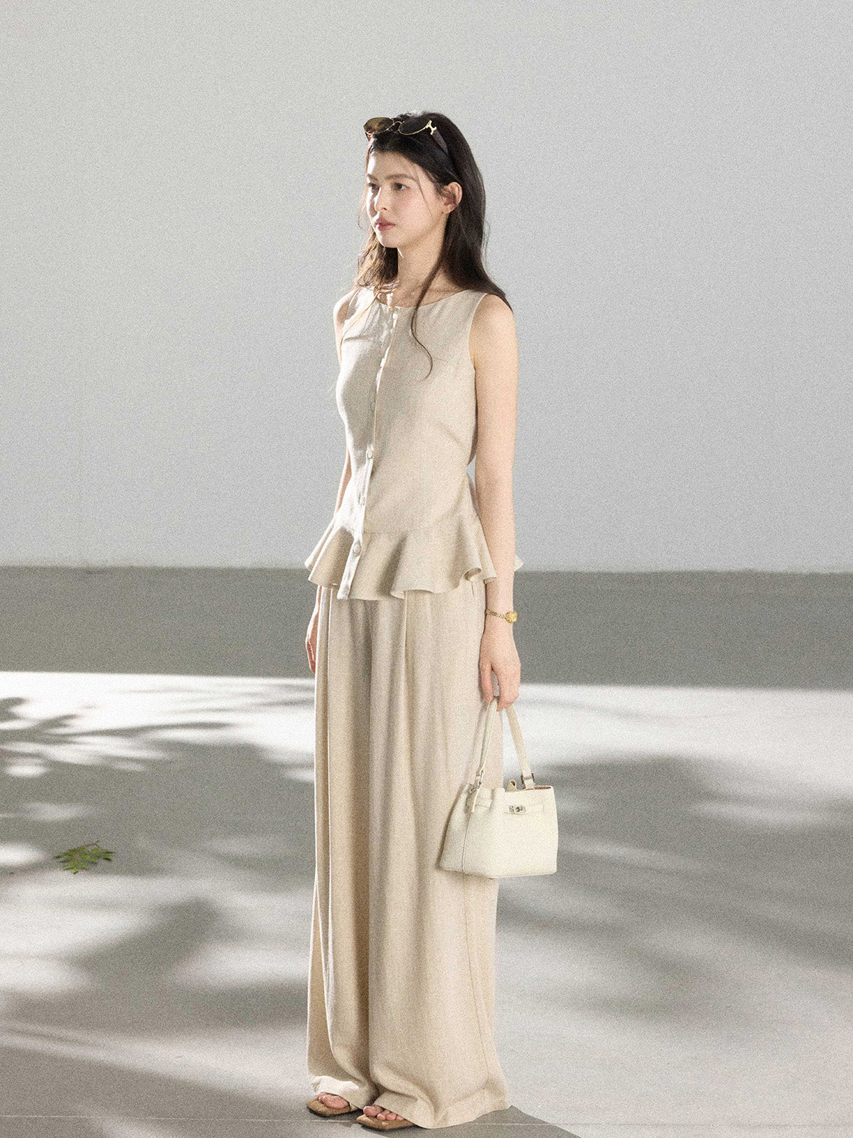 Wide-leg Beige High-Rise Pants with Front Pleats