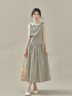 Black and White Checked A-Line Midi Dress with Bow Strap
