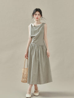 Black and White Checked A-Line Midi Dress with Bow Strap