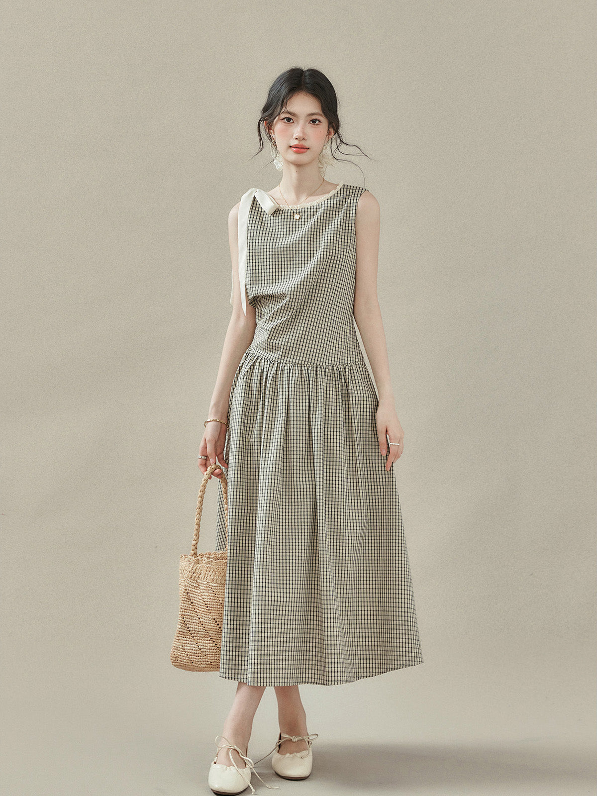 Black and White Checked A-Line Midi Dress with Bow Strap