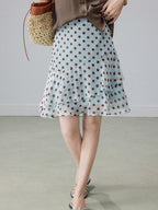Light Blue Polka Dot Mid-Calf Skirt with Tiered Ruffles