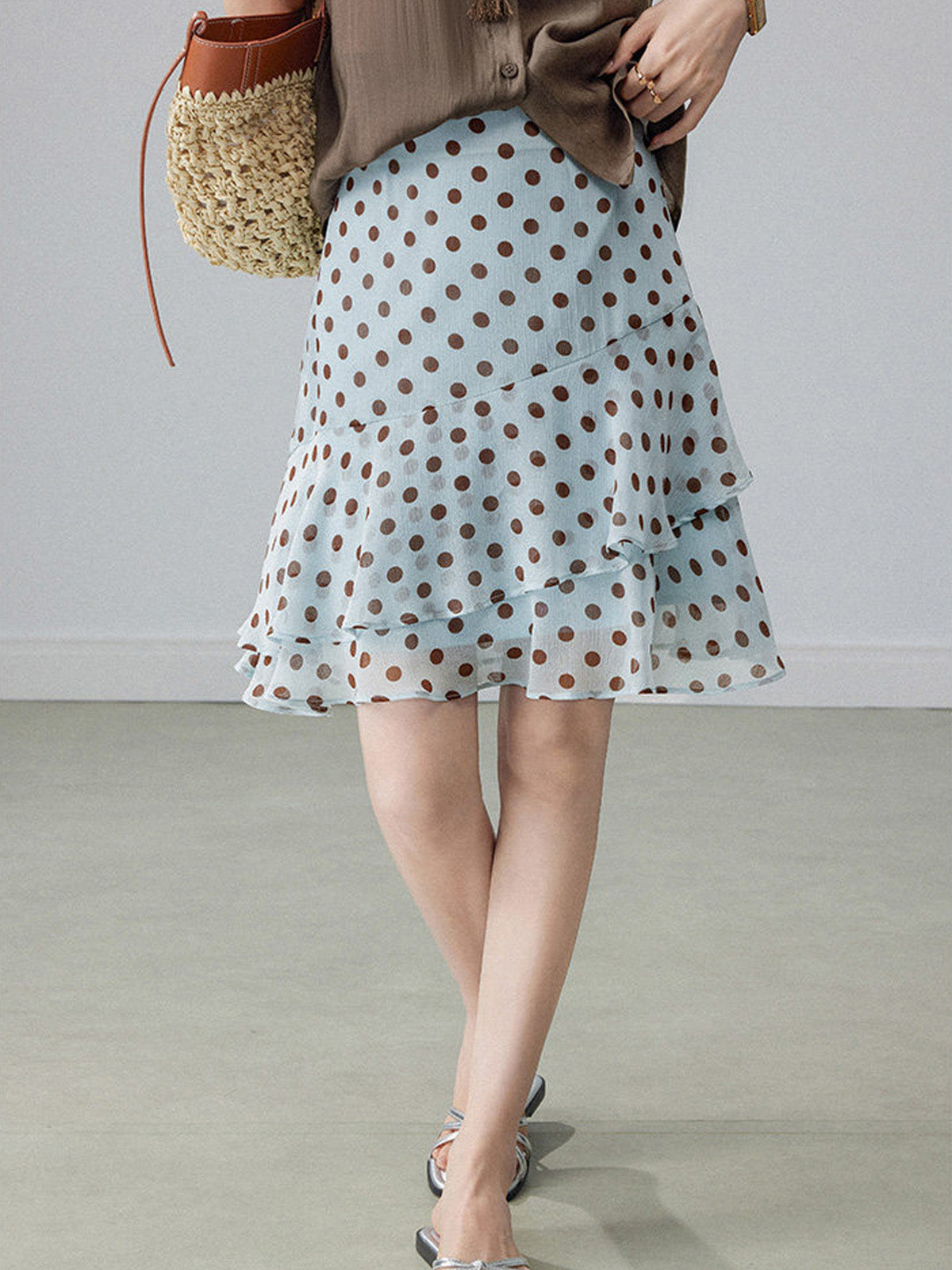 Light Blue Polka Dot Mid-Calf Skirt with Tiered Ruffles