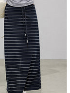 Navy Stripe Cotton Midi Skirt Featuring Side Slit