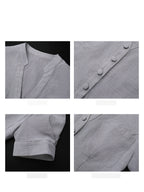 Close-up of the grey dress showing the stand-up collar, buttons, and chest pocket details.