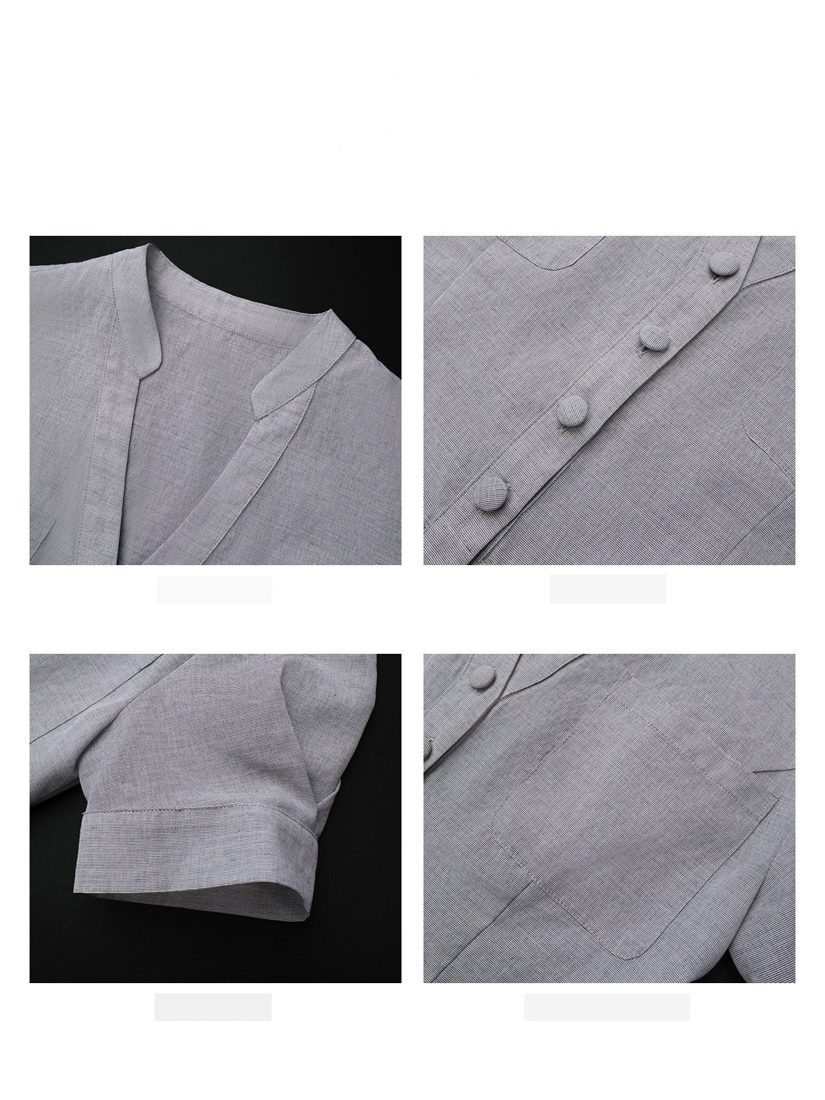 Close-up of the grey dress showing the stand-up collar, buttons, and chest pocket details.