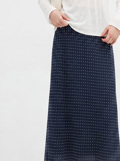 Navy Polka Dot A-Line Midi Skirt with Gathered Elastic Waist