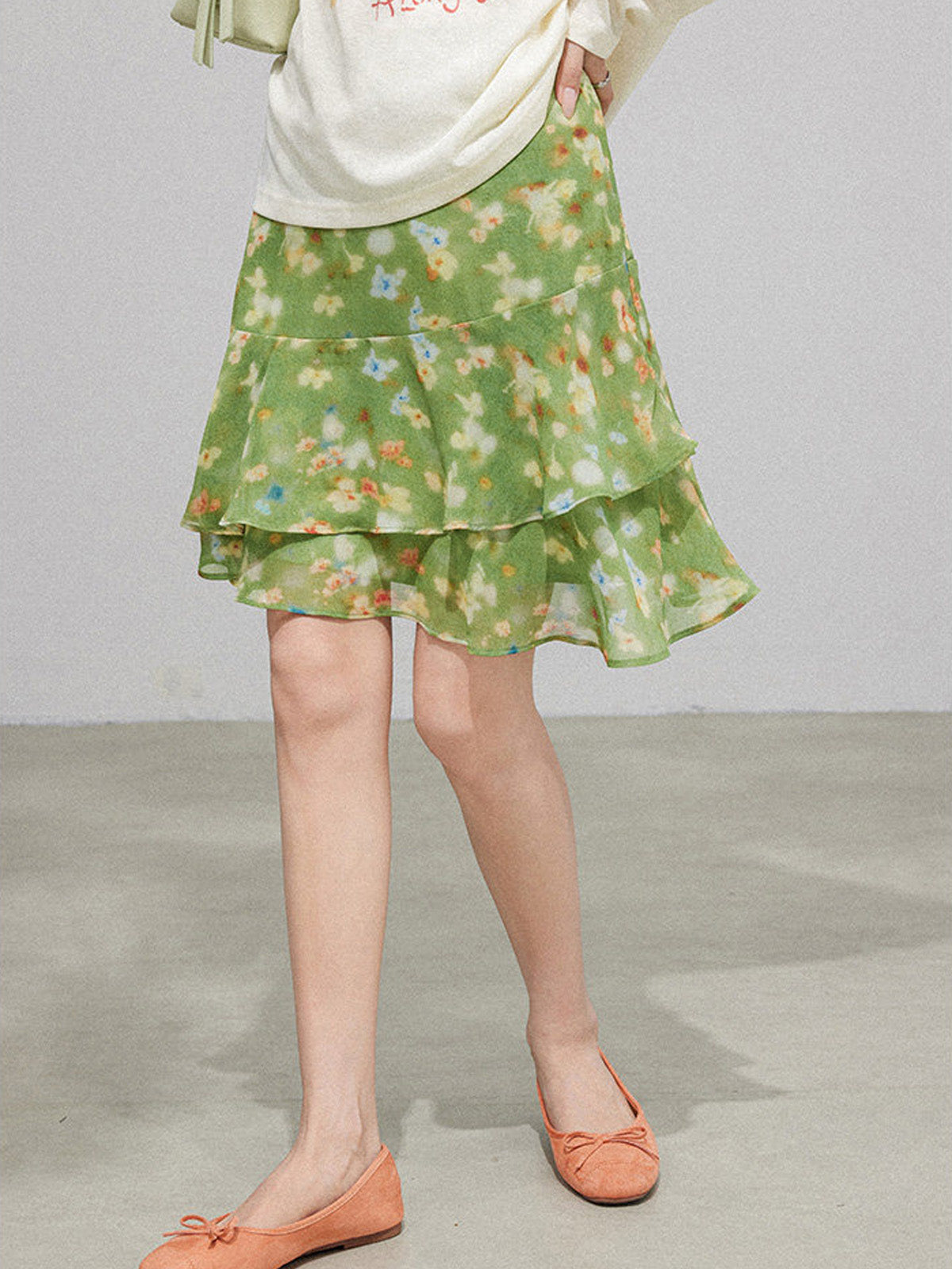 Green Floral High Waist Skirt with Layered Ruffles