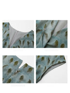 Close-up details of a long dress showing the V-neckline, back zipper, and sleeve hem.