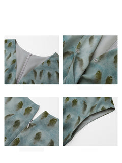 Close-up details of a long dress showing the V-neckline, back zipper, and sleeve hem.