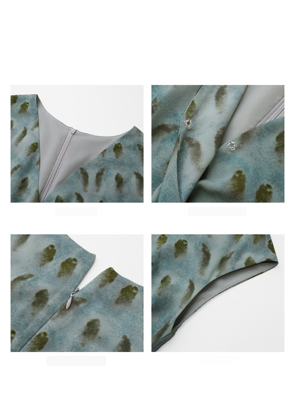 Close-up details of a long dress showing the V-neckline, back zipper, and sleeve hem.