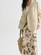 Ivory Floral A-Line Midi Skirt with Pleated Fishtail Hem