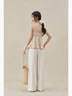 Apricot Short Peplum Tank Top with Square Neck and Thin Straps