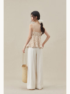 Apricot Short Peplum Tank Top with Square Neck and Thin Straps