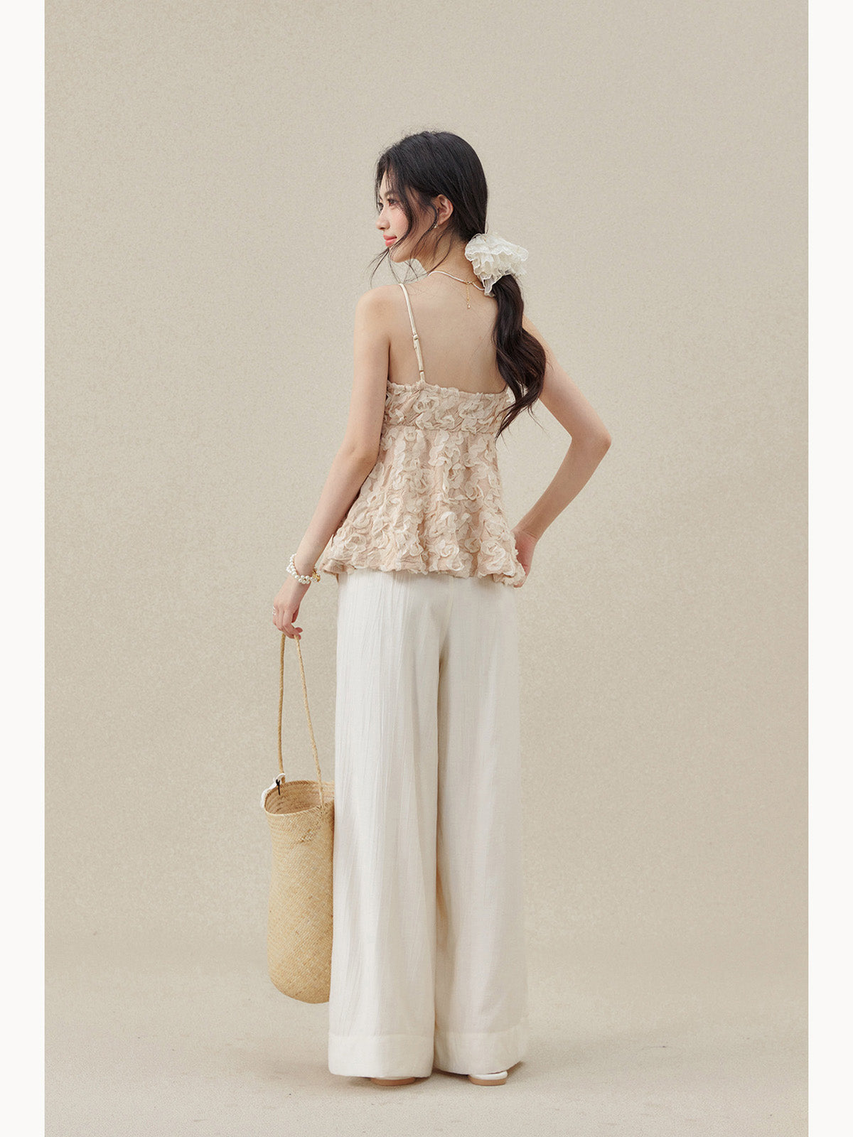 Apricot Short Peplum Tank Top with Square Neck and Thin Straps