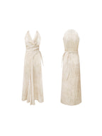A front and back view of a beige wrap dress with a V-neck and asymmetrical hemline.