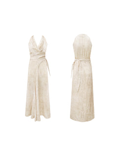 A front and back view of a beige wrap dress with a V-neck and asymmetrical hemline.