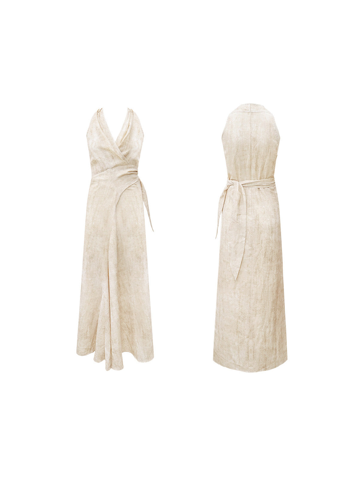 A front and back view of a beige wrap dress with a V-neck and asymmetrical hemline.