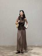 Brown Sleeveless Tank Top With High Neck And Asymmetric Hem