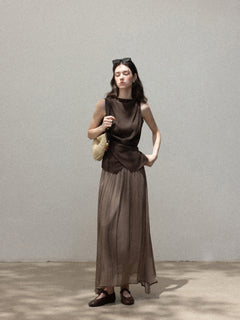 Brown Sleeveless Tank Top With High Neck And Asymmetric Hem