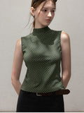 Green Polka Dot Fitted Tank Top, Short High Neck Sleeveless