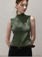 Green Polka Dot Fitted Tank Top, Short High Neck Sleeveless