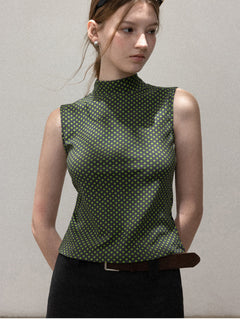 Green Polka Dot Fitted Tank Top, Short High Neck Sleeveless