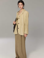 Khaki Long Double-Breasted Blazer with Notch Collar