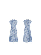 A flat lay of a light blue floral dress with a mandarin collar and keyhole opening, showing the front and back.