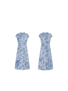 A flat lay of a light blue floral dress with a mandarin collar and keyhole opening, showing the front and back.